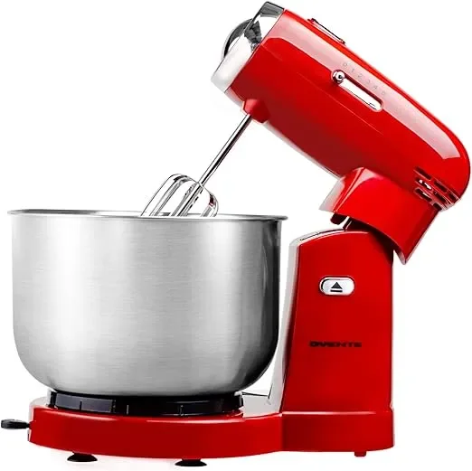 Electric Stand Mixer with Stainless Steel Mixing Bowl, 5 Speed Portable and Lightweight Kitchen Mixer for Everyday Use, Includes 2 Egg Beater Whisk and Dough Hook, Red