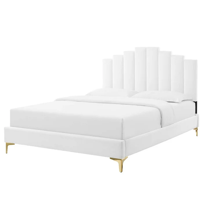 Elise Full Performance Velvet Platform Bed, Velvet, White, 22857