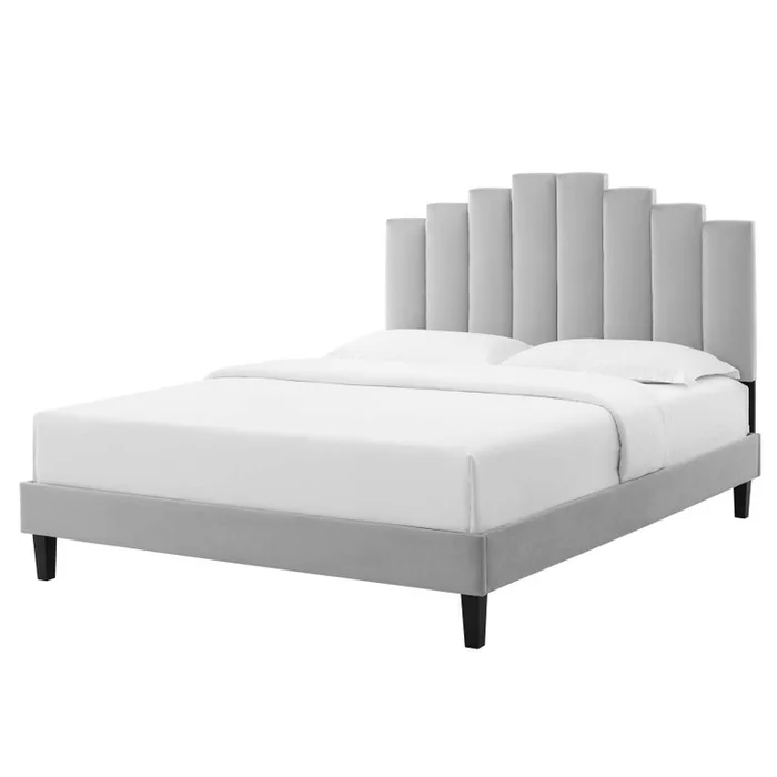 Elise Queen Performance Velvet Platform Bed, Velvet, Light Grey Gray, 22513