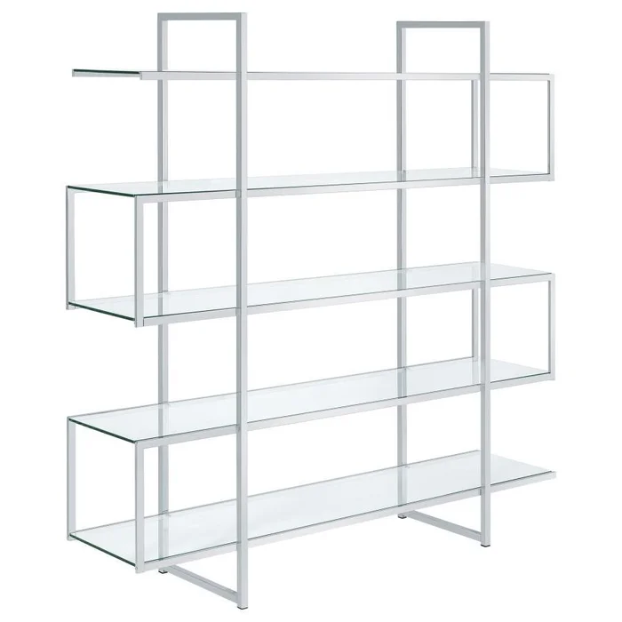 Elmer 5-Shelf Bookshelf – Modern Clear Tempered Glass and Chrome Steel Frame, Stylish Display Unit for Books, Décor, Photos, and Collectibles