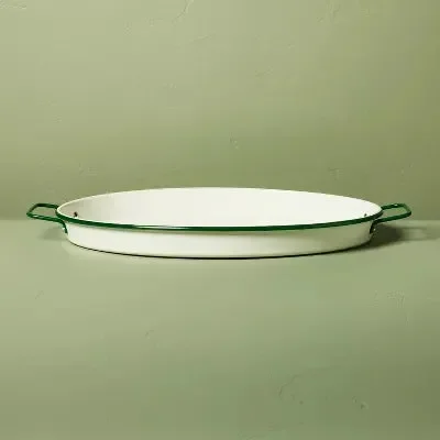 Enamel-Coated Metal Oval Serving Tray Cream/Green, final cut