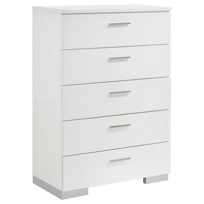 Felicity 5-Drawer Bedroom Chest – White High Gloss Modern Storage Dresser with Chrome Handles & Feet, Smooth-Glide Drawers, Sturdy Wooden Construction