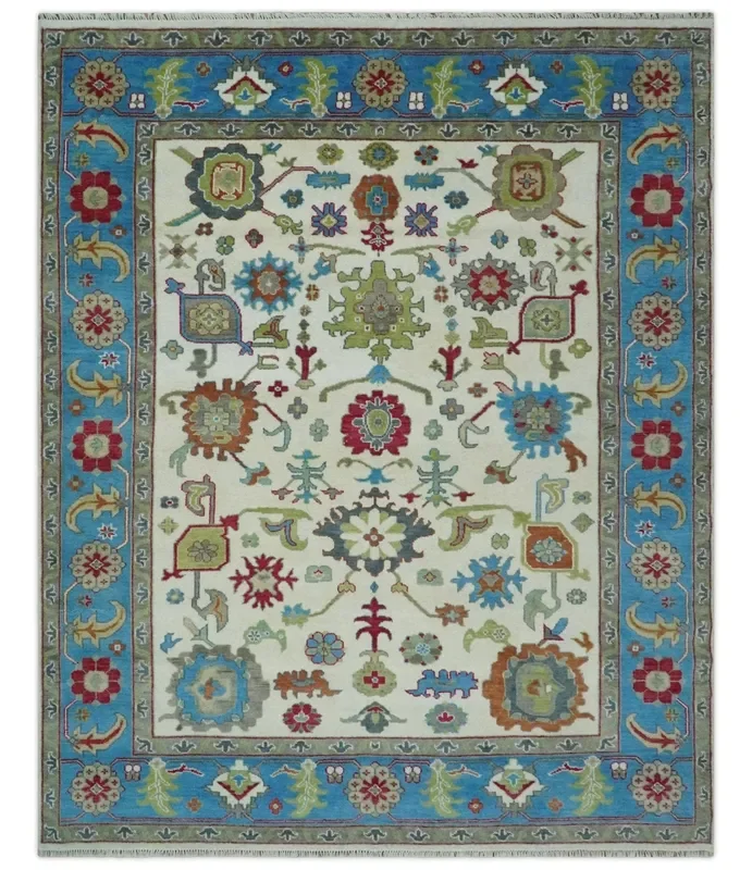 Fine Traditional Ivory and Blue Colorful Hand knotted Oushak Wool Area Rug