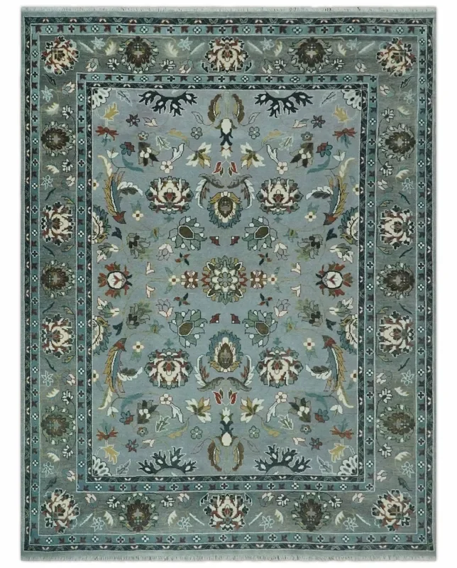 Floral Gray, Ivory, Brown and Green Hand Knotted Traditional Oushak 9×12 wool Rug