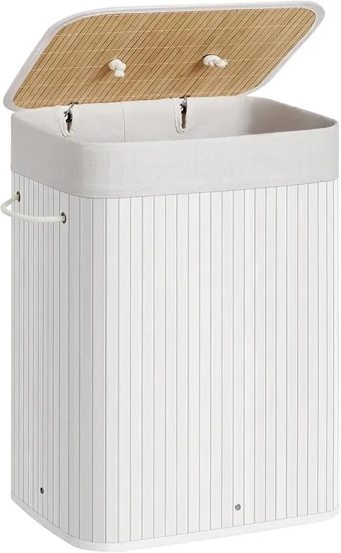 Foldable Laundry Hamper with Lid, Bamboo Laundry Basket, Rectangular Storage Hamper with 3 Handles, for Laundry Room, Bedroom, White