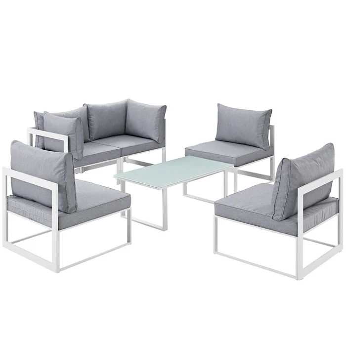 Fortuna 6 Pcs Outdoor Patio Sectional Sofa Set, White Grey, Fabric Steel