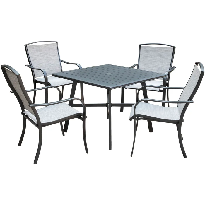 Foxhill 5-Piece Commercial-Grade Patio Dining Set with 4 Sling Dining Chairs and a 38″ Square Slat-Top Table