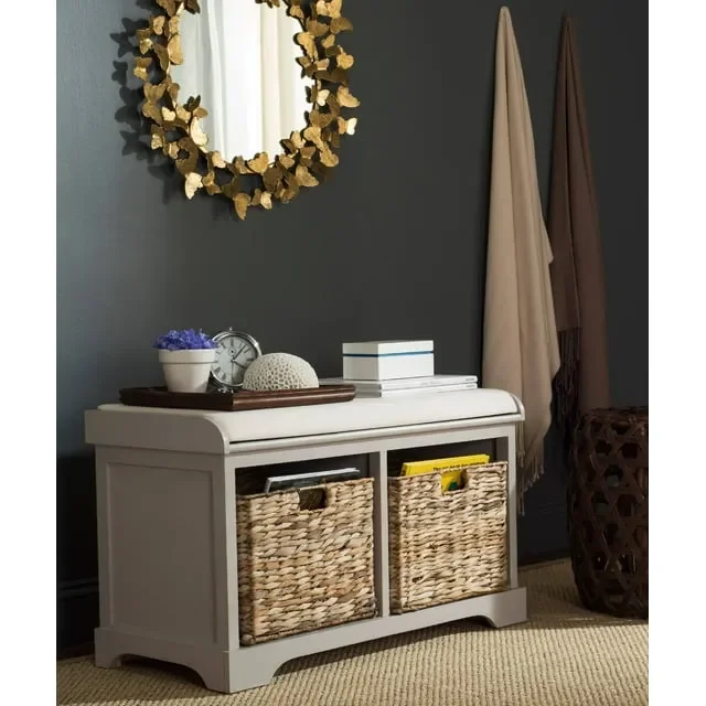 Freddy Contemporary Wicker Storage Bench with Cushion, Vintage Grey