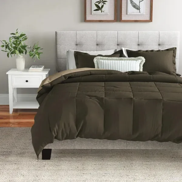 Full/Queen Comforter + 2 Shams Taupe Powhattan Microfiber Reversible Comforter Set