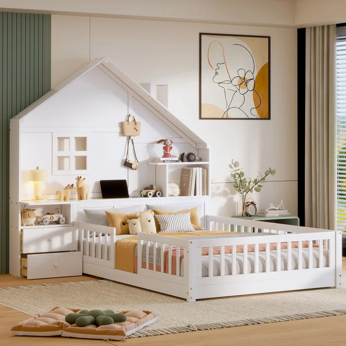 Full Size House Bed With Window And Bedside Drawers, Platform Bed With Shelves And A Set Of Sockets And USB Port – White