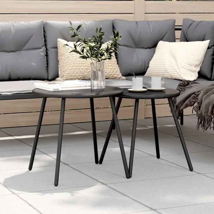 Garden Coffee Tables 2 Pcs Round Black Powder-Coated Steel