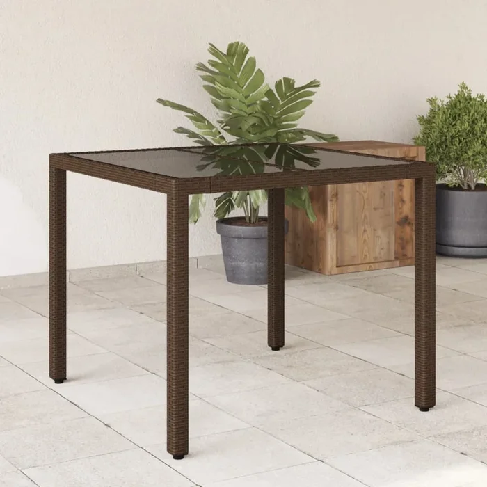 Garden Table With Glass Top 90X90X75 Cm Poly Rattan