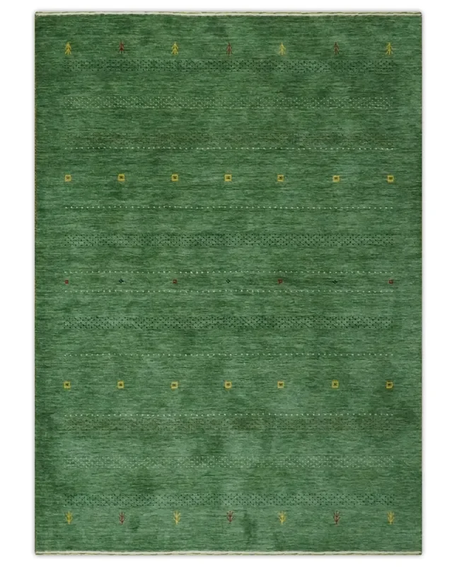 Geometrical Stripes Design Green, Ivory and Charcoal Hand loom 4.6×6.6 wool Area Rug