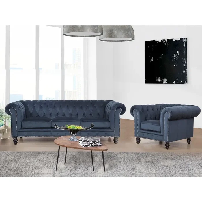 Grand Chesterfield Velvet Sofa and Armchair Set, Blue OP072 (2 boxes)