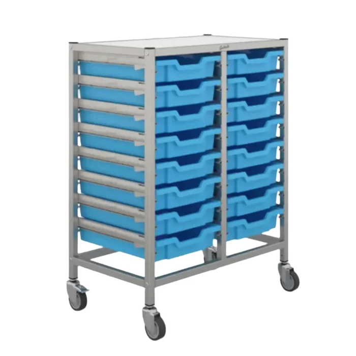Gratnells 16 Shallow Tray Double Width Trolley – Silver Frame