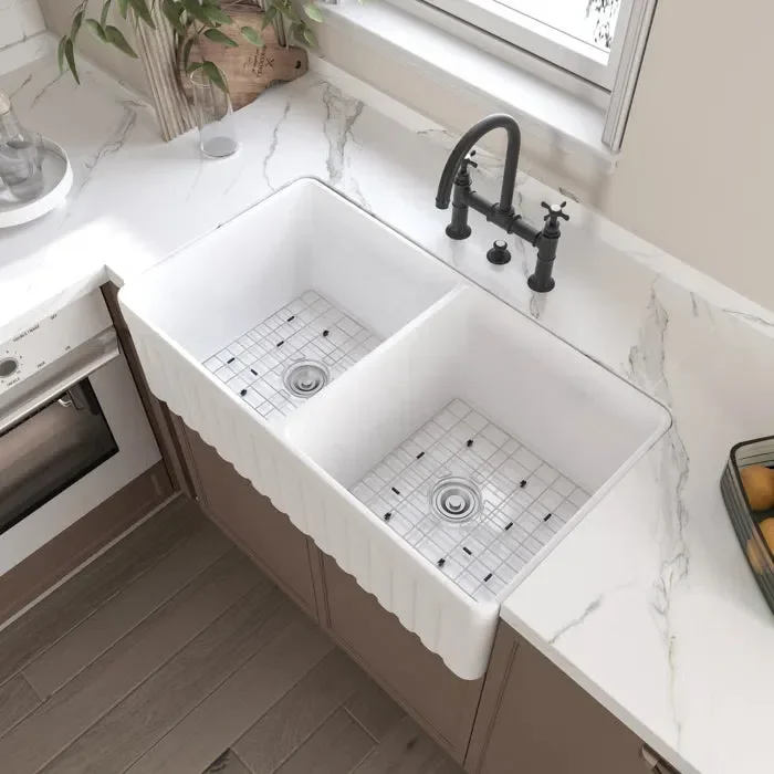 Hadley Double Basin Fireclay Farmhouse Kitchen Sink with Sink Grid & Basket Strainer