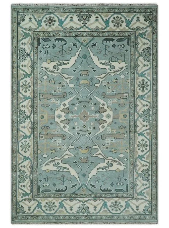 Hand Knotted 6×9 Vintage Blue, Ivory and Silver Oriental Oushak Wool Area Rug | TRDCP87169