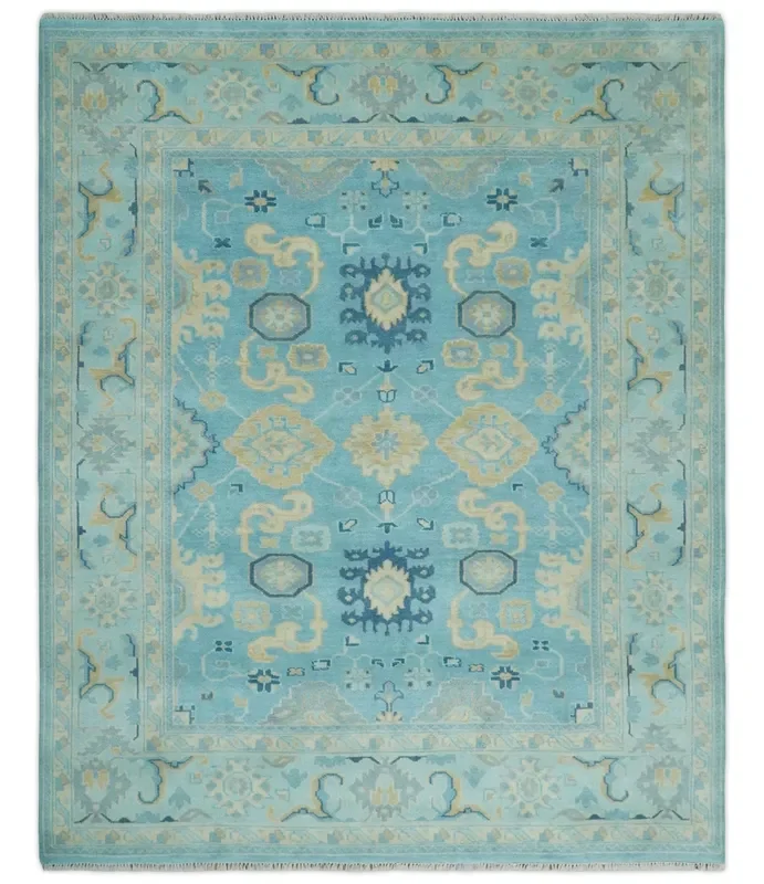 Hand Knotted 8×10 Aqua and Beige Antique Look Oushak Turkish Style Wool Area Rug | TRDCP1109810