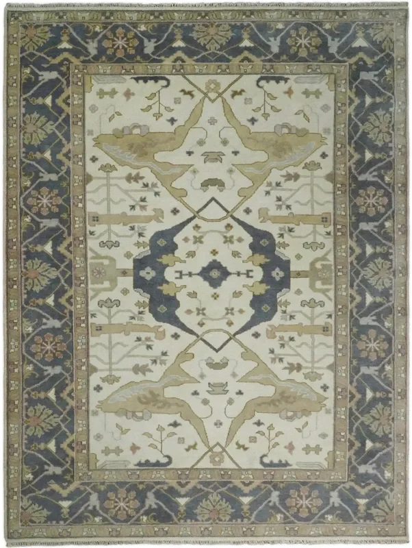 Hand Knotted 9×12 Persian Oushak Beige and Charcoal Wool Large Rug | TRDCP82912