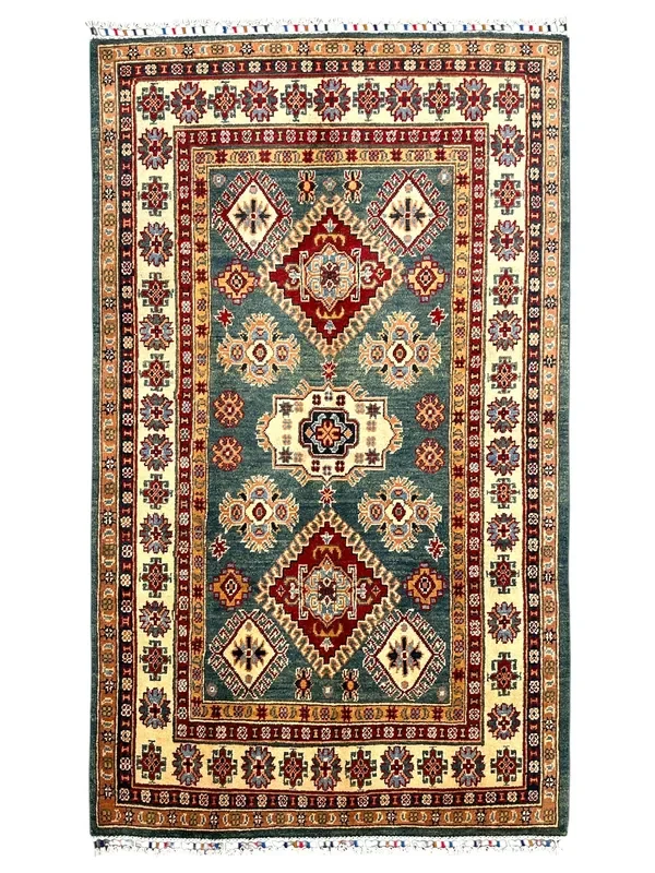 Hand-Knotted Afghani Kazak Wool Rug | Tribal Medallion | 4’2” x 6′