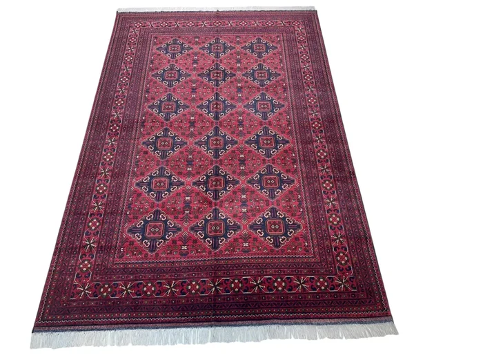 Hand-Knotted Afghani Khamyab Wool Rug Red,Blue 6’6″ x 9’6″