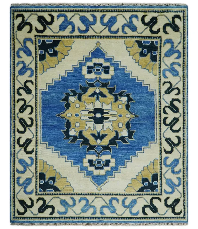 Hand Knotted Antique 8×10 Ivory, Blue and Beige Traditional Heriz Serapi Wool Rug | TRDCP861810