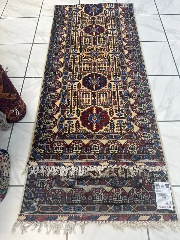 Hand-Knotted Gandomi Afghani Wool Rug | Cream, Red & Blue 3’1″ x 13’3″