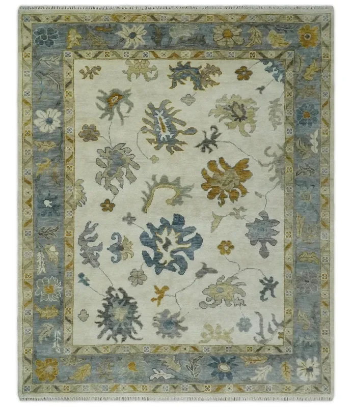 Hand Knotted Ivory, Blue and Brown Traditional Persian Oushak Wool Rug | TRDCP910