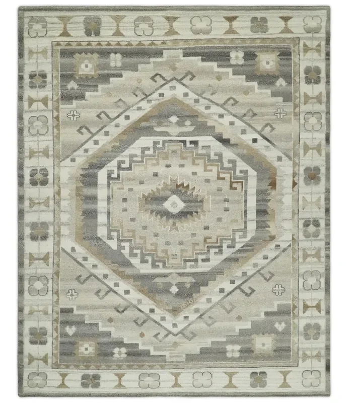 Hand Knotted Ivory, Charcoal and Beige Traditional Medallion Natural Wool Custom Made Area Rug, Kids, Living Room and Bedroom Rug