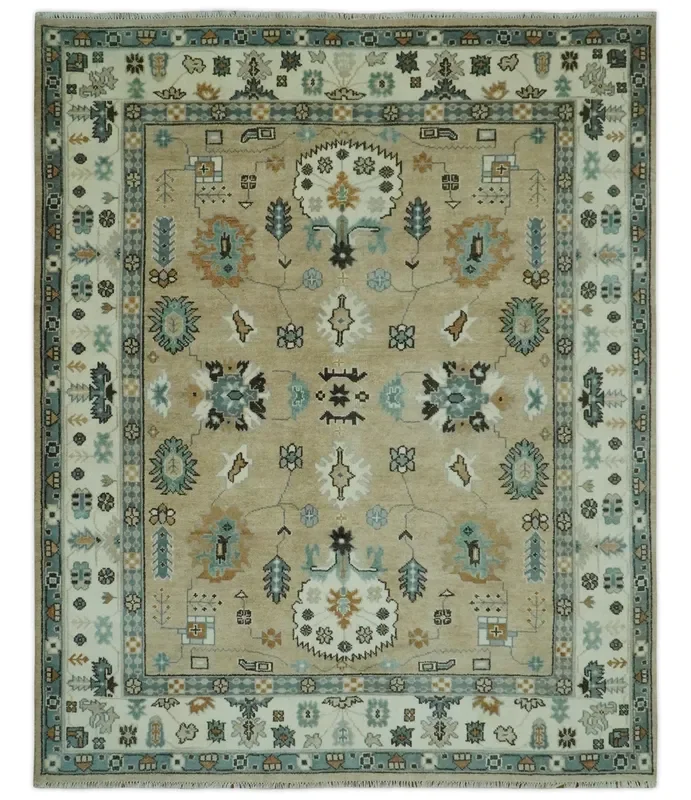 Hand knotted Peach, Ivory and Gray 8×10 Oriental Oushak wool area rug