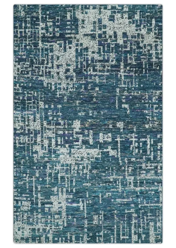 Hand Knotted Teal and Ivory Modern Abstract Contemporary Recycled Silk Area Rug