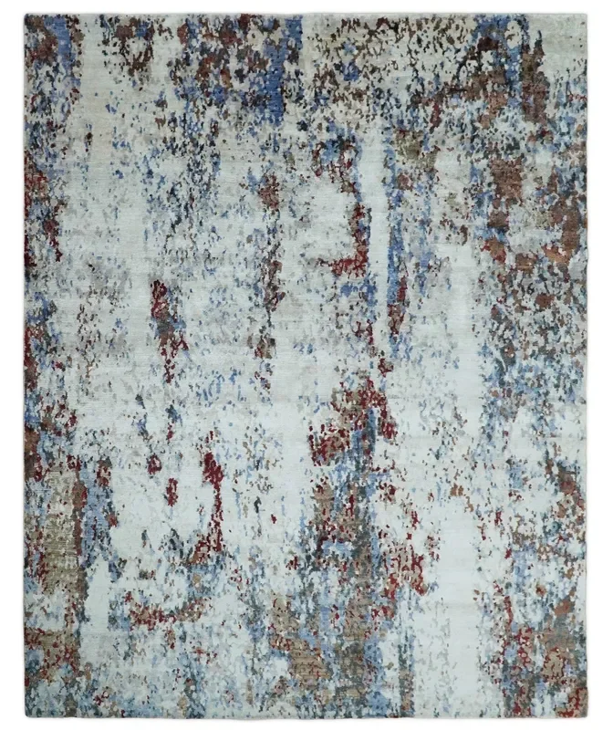 Handmade 8×10 Ivory, Blue and Red Abstract bamboo Silk Area Rug | TRDS2810
