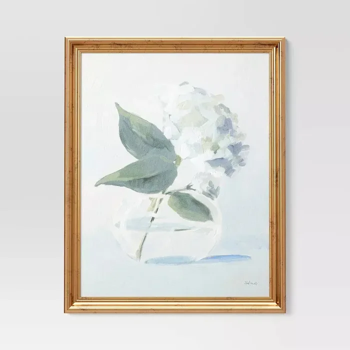 Harmonious Bouquet Framed Wall Cotton Canvas Board – Vertical Botanical Art, Polystyrene Gold Frame
