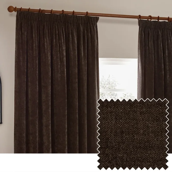 HEAVY CHENILLE 117X137 PENCIL PLEAT CURTAIN BROWN