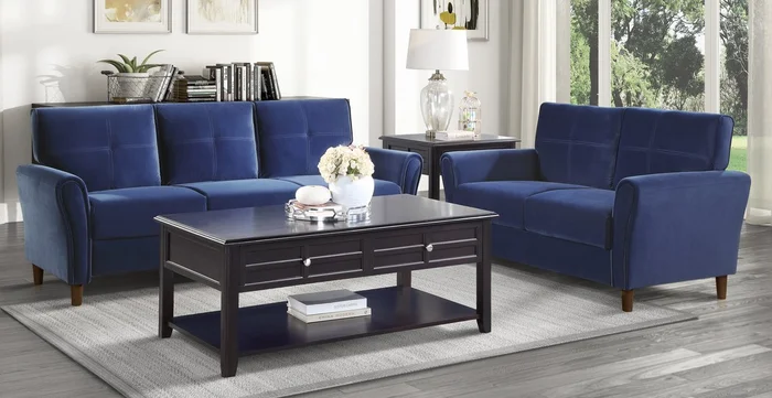 Homelegance 9348BUE-SL 2 pc Orren ellis Dunleith blue velvet fabric sofa and love seat set