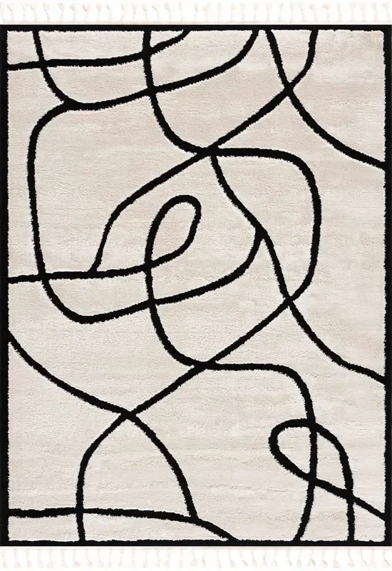 Ivory and Black Modern Lines Art Washable Area Rug