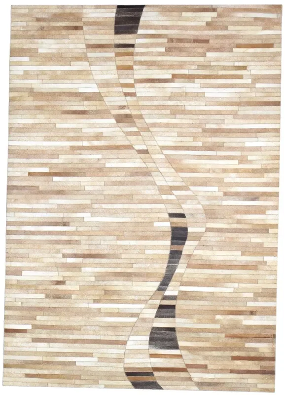 Janis 5X7 Rug Leather / Cotton Beige Modern Hand Woven Scandinavian Striped