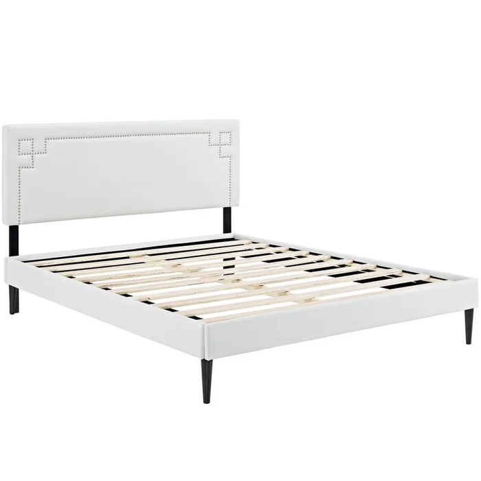 Josie Full Vinyl Platform Bed with Round Tapered Legs, White, Faux Leather 12761