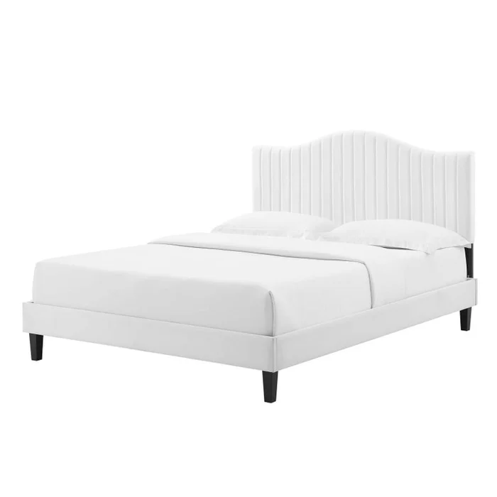 Juniper Channel Tufted Performance Velvet Queen Platform Bed, Velvet, White, 22628