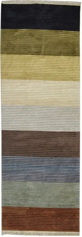 Kanya Wool Multi Rug 3′ X 9′ Modern Hand Knotted Indian Striped 3’2″X9’0″