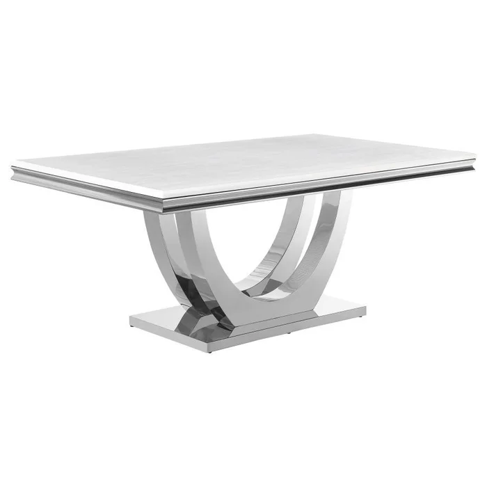 Kerwin Rectangular Stone Top Dining Table – White Marble Paper Top with Beveled Edge, Polished Chrome Pedestal Base, Seats Six, Modern Glam