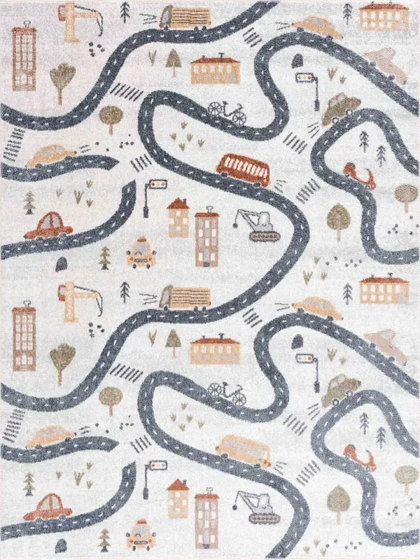 Kids Road Map Design Ivory, Charcoal and Peach Easy Machine Washable Rug
