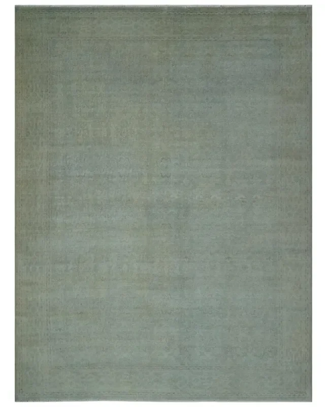 Large 9×12 Traditional Antique Style Beige and Aqua Turkish Knot Wool Rug