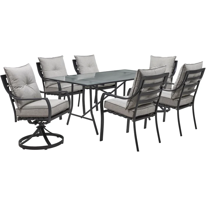 Lavallette 7-Piece Dining Set in Silver Linings with 4 Chairs, 2 Swivel Rockers, and a 66″ x 38″ Glass-Top Table