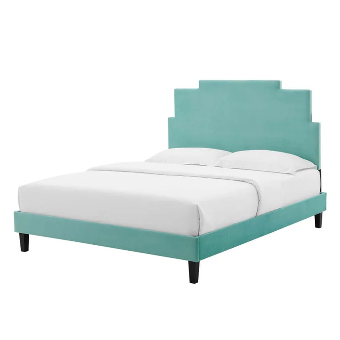 Lindsey Performance Velvet Full Platform Bed, Velvet, Blue, 22933