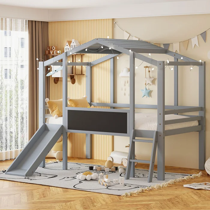 Loft House Bed With Ladder And Slide, With Blackboard And Light Strip On The Roof