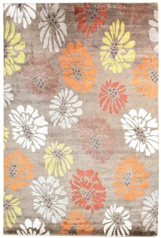 Lou Brown Silk Rug 6′ X 9′ Modern Hand Knotted French Floral