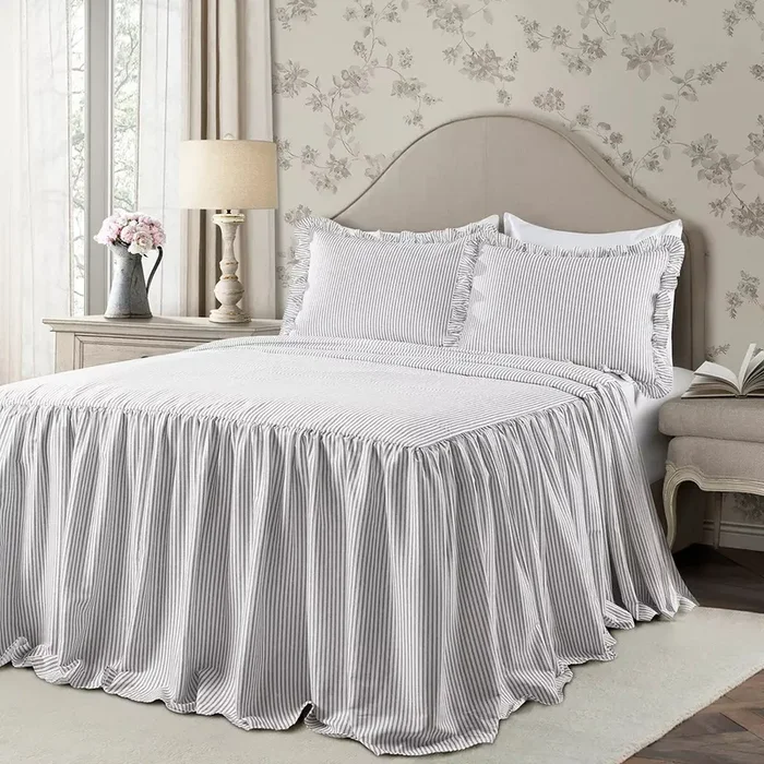 Lush Decor Ticking Stripe Ruffled Bedspread Set, QUEEN