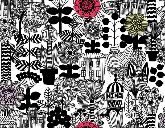 Marimekko Marimekko Vol. 5 Lintukoto Illustration Contemporary Black Satin – 23306X