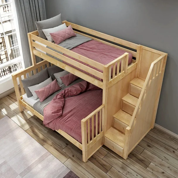 Menora Natural Twin over Queen Bunk Bed with Stairs